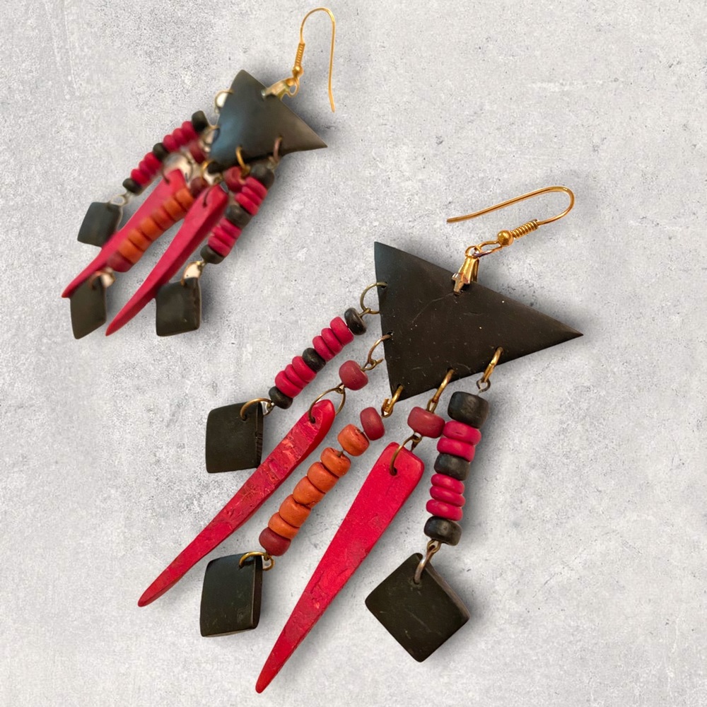 Ethnic tribal native Filipino beaded wooden earrings.